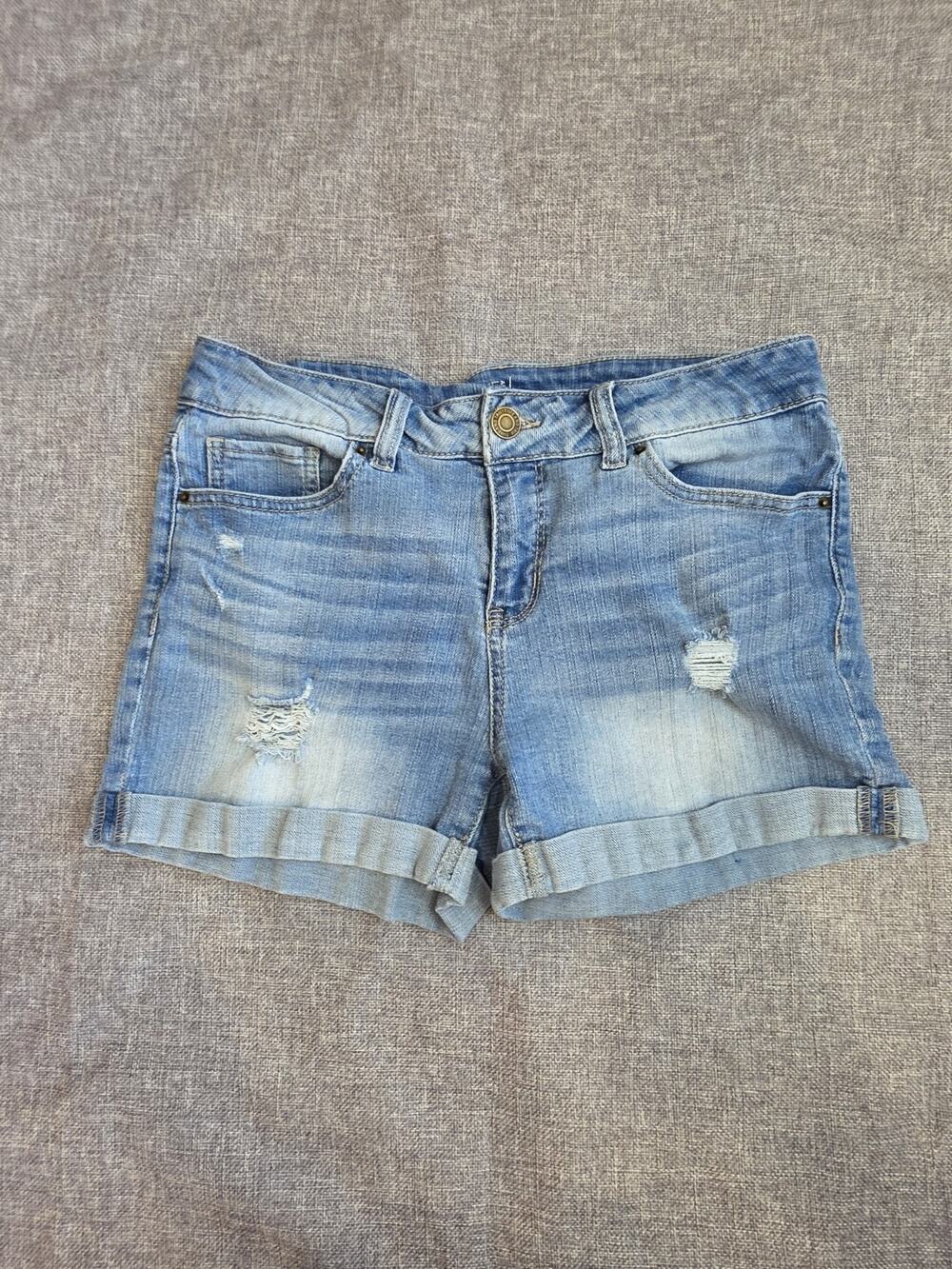 Womens Jean Shorts Time And Tru Mid Rise Stretchy Size 10 Distressed